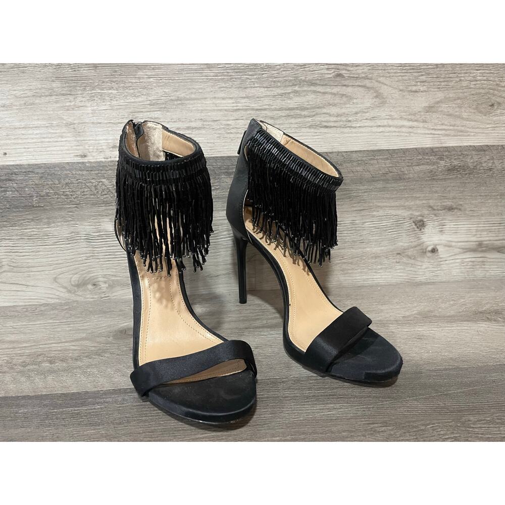 BCBGMAXAZRIA Devine Beaded Fringe Heels Women 8M Black Satin Stiletto Sandals